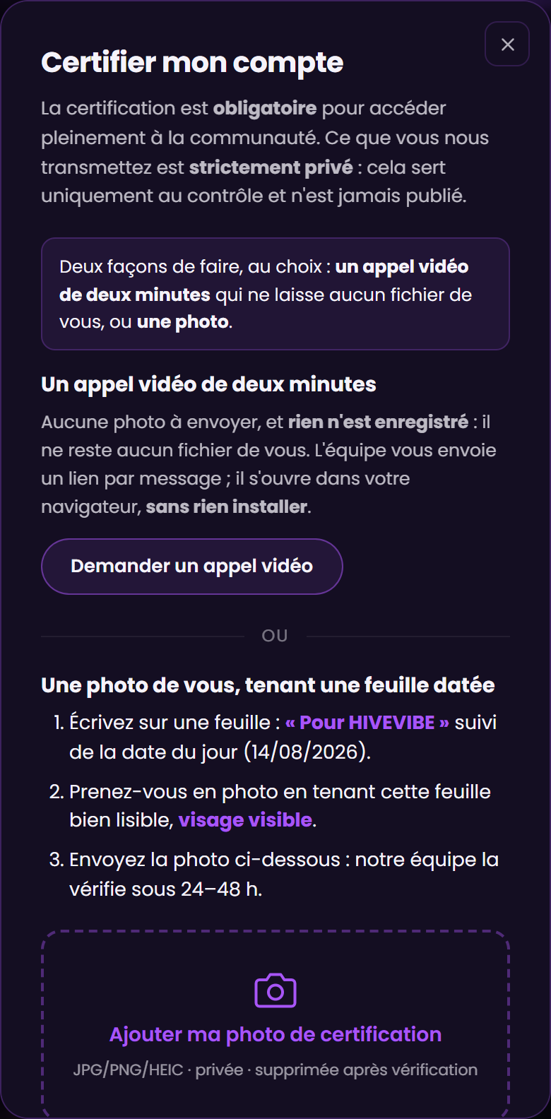 La fenêtre Certifier mon compte