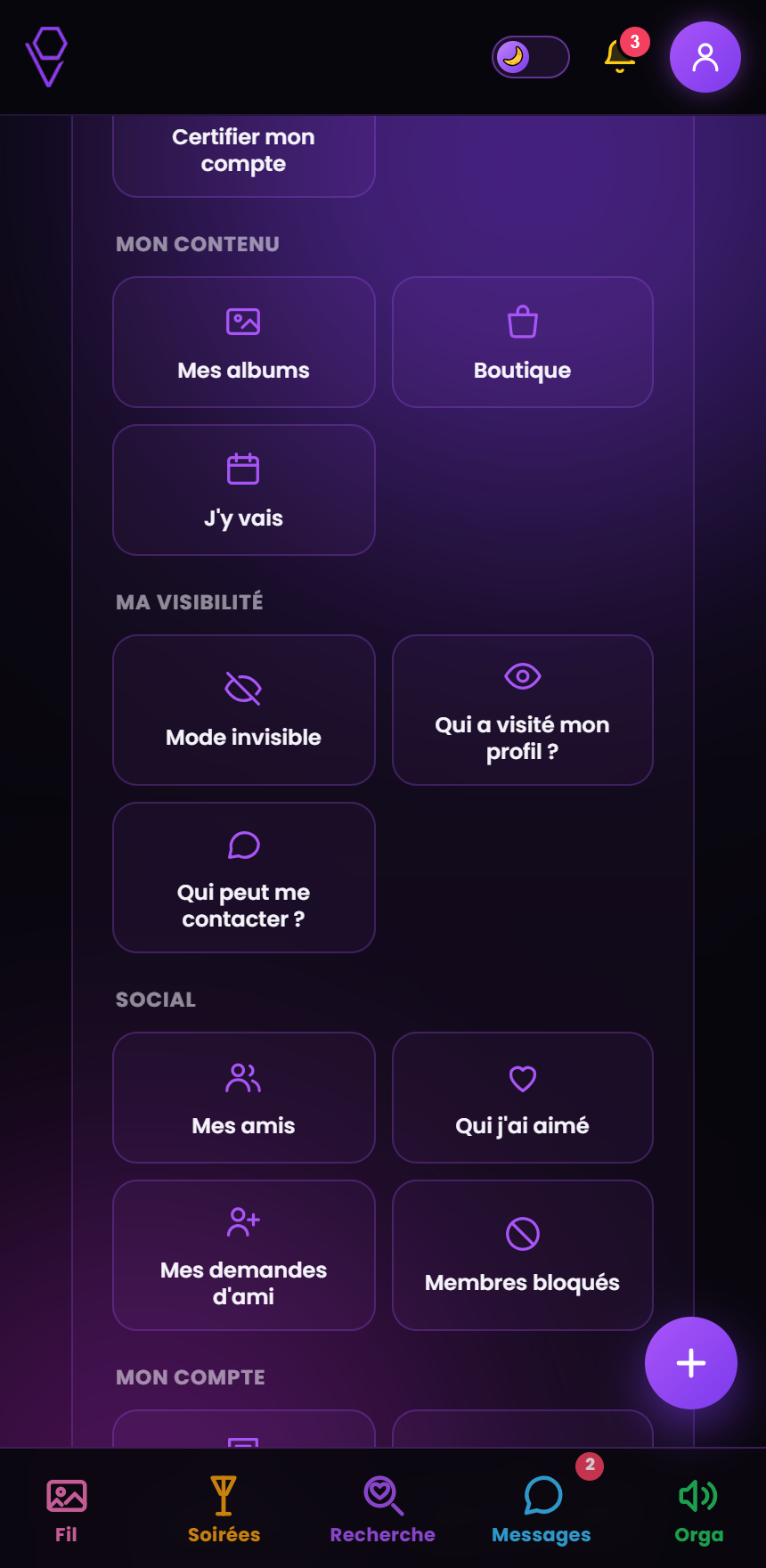 Les tuiles de l'écran Mon compte