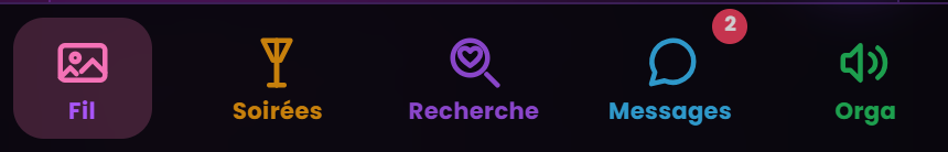 La barre du bas : Fil, Soirées, Recherche, Messages, Orga